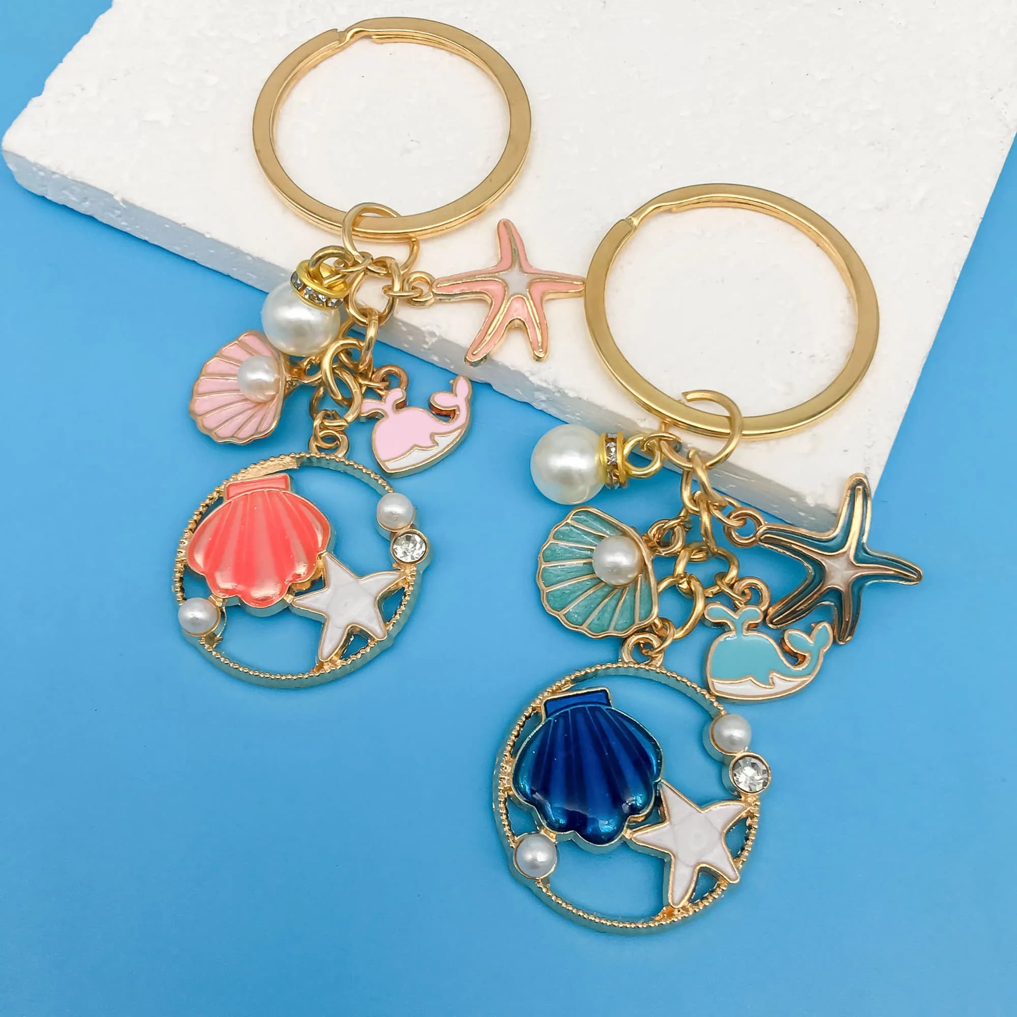 1 pz Portachiavi con ciondolo a forma di conchiglia, stella marina, balena, in lega smaltata, con perla, per borsa da ragazza, serie Oceano, ornamento