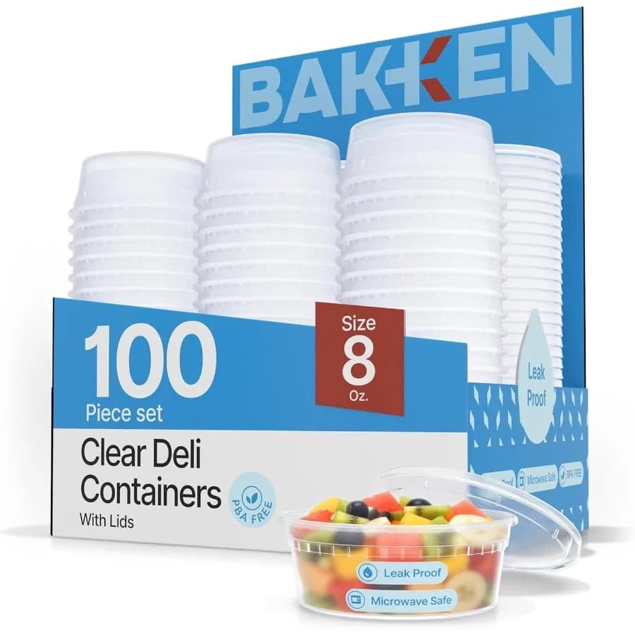Contenitori in plastica Bakken con coperchi, 8oz, confezione da 100, a prova di perdite, per conservazione alimenti, zuppe, preparazione pasti, slime, impilabili, per congelatore e microonde