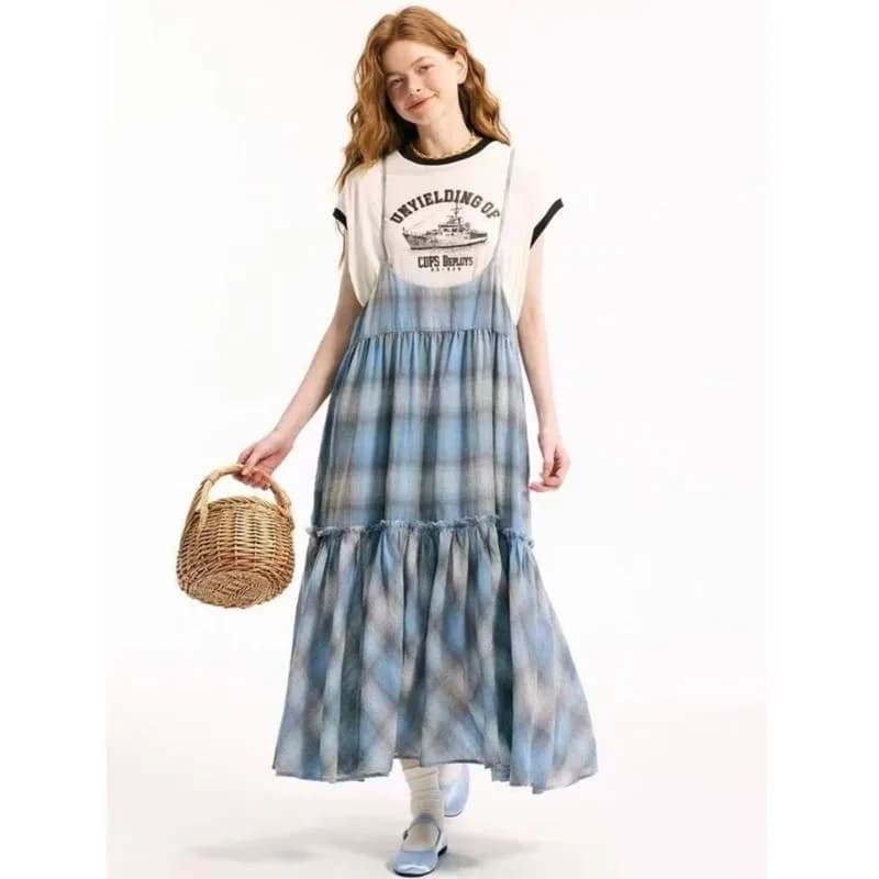 Johnature Abito casual a quadri con spalline sottili per donna Abiti in cotone con spalline sottili a quadri, semplici, a strati, versatili, color block