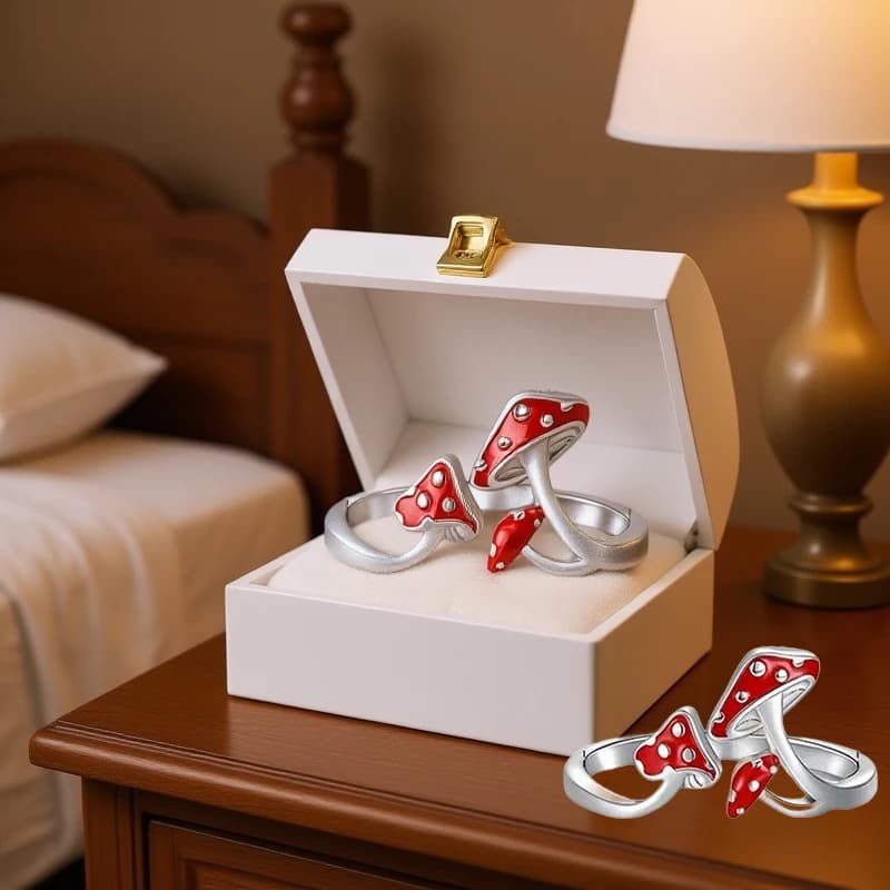 Simpatico anello regolabile aperto con fungo rosso - Regalo di gioielli da festa da donna alla moda per l'anniversario di Natale di compleanno