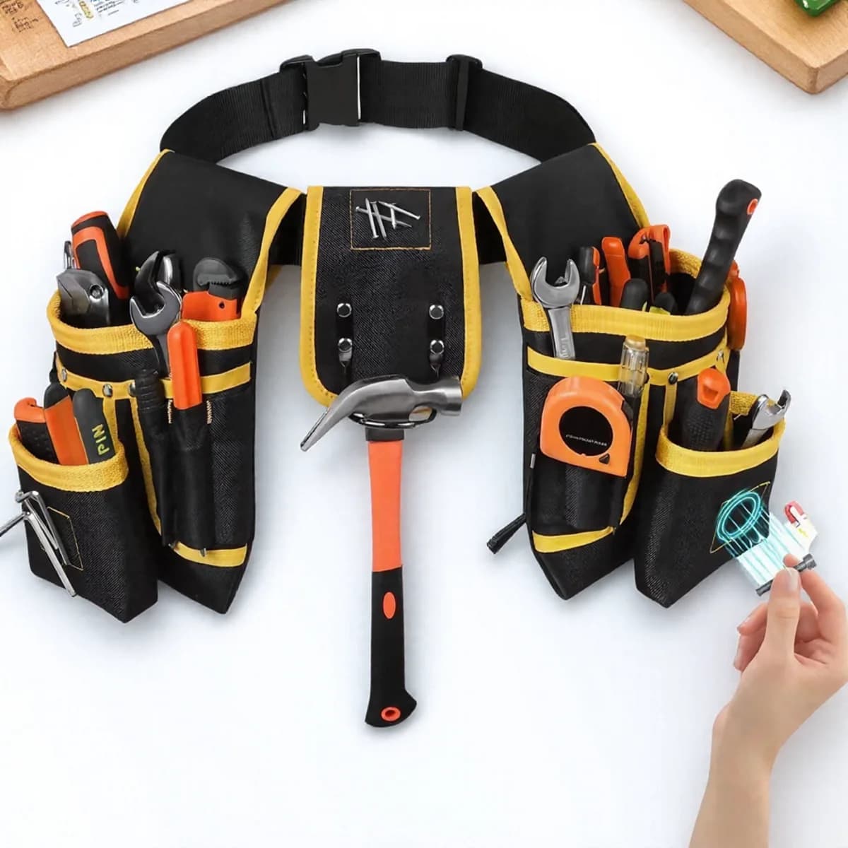 Cintura portautensili regolabile da uomo con 26 tasche, supporto magnetico, robusta marsupio per artigiani falegnami