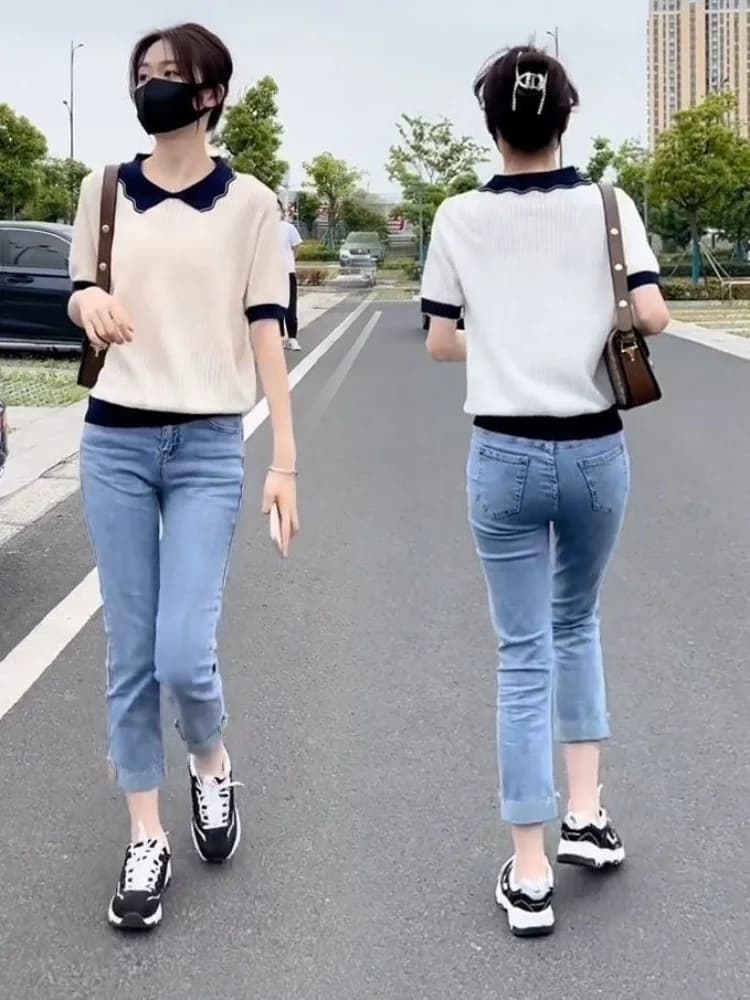 Ice Silk Short Sleeve T-Shirt High Waist Nine-Piece Jeans Set Women's Summer New Casual Slimming Two-Piece Trendy Fashion