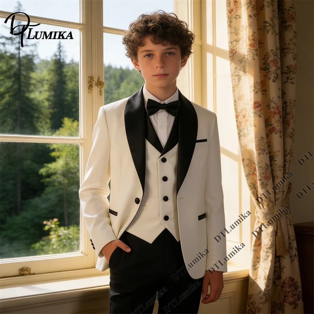 Elegante completo da ragazzo in 3 pezzi (giacca+gilet+pantaloni) con fiocco nero sul risvolto, per cerimonia nuziale, compleanno o spettacolo teatrale (3T-14T)