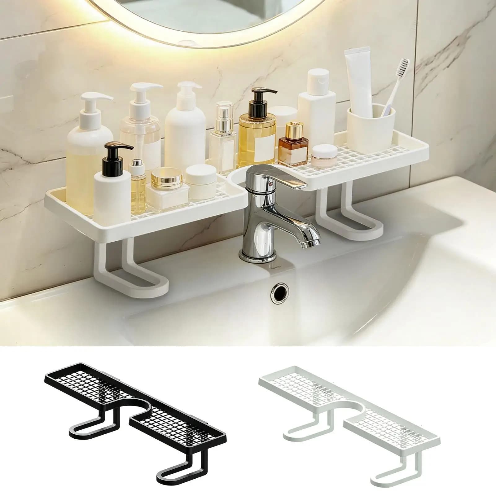 Over The Faucet Shelf Bathroom No-Drill 19.69 Inch U Shape Quick Drainage Over The Bathroom Sink Organizer for Toothbrushes Cups