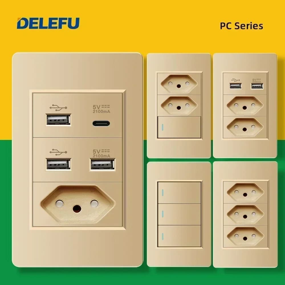 DELEFU Pannello PC Ignifugo Doppio USB Tipo C Carica Brasile Presa Standard Oro Parete Interruttore Della Luce Spina Elettrica 10A 20A