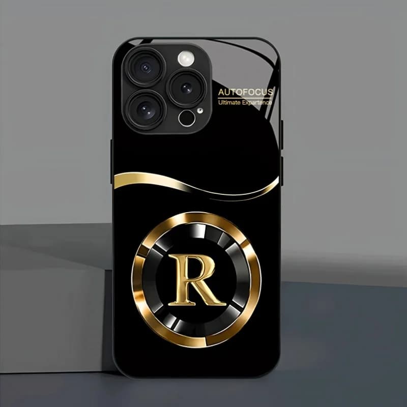 Simple gold lucky letter "R" pattern glass phone case for iPhone 17, 16, 15, 14, 13, 12, 11, etc Anti-drop protection