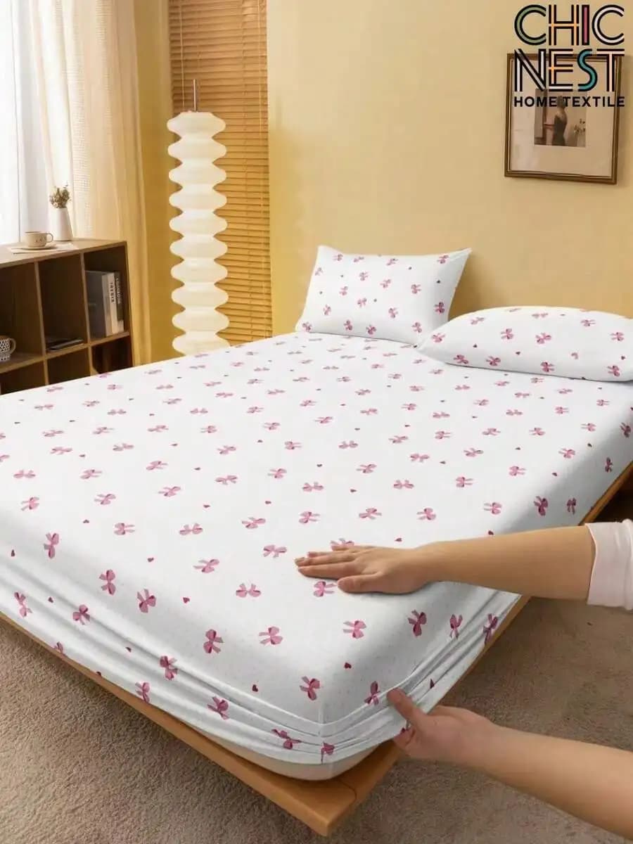 White Angles Sheet with Pink Flake Print, Deep Pocket, Soft and Breathable Fabric for Single Beds in King Size