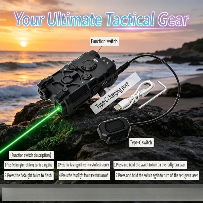 Multifunctional Outdoor Tactical Flashlight Storage Box with Red Green Light Indicator Combo