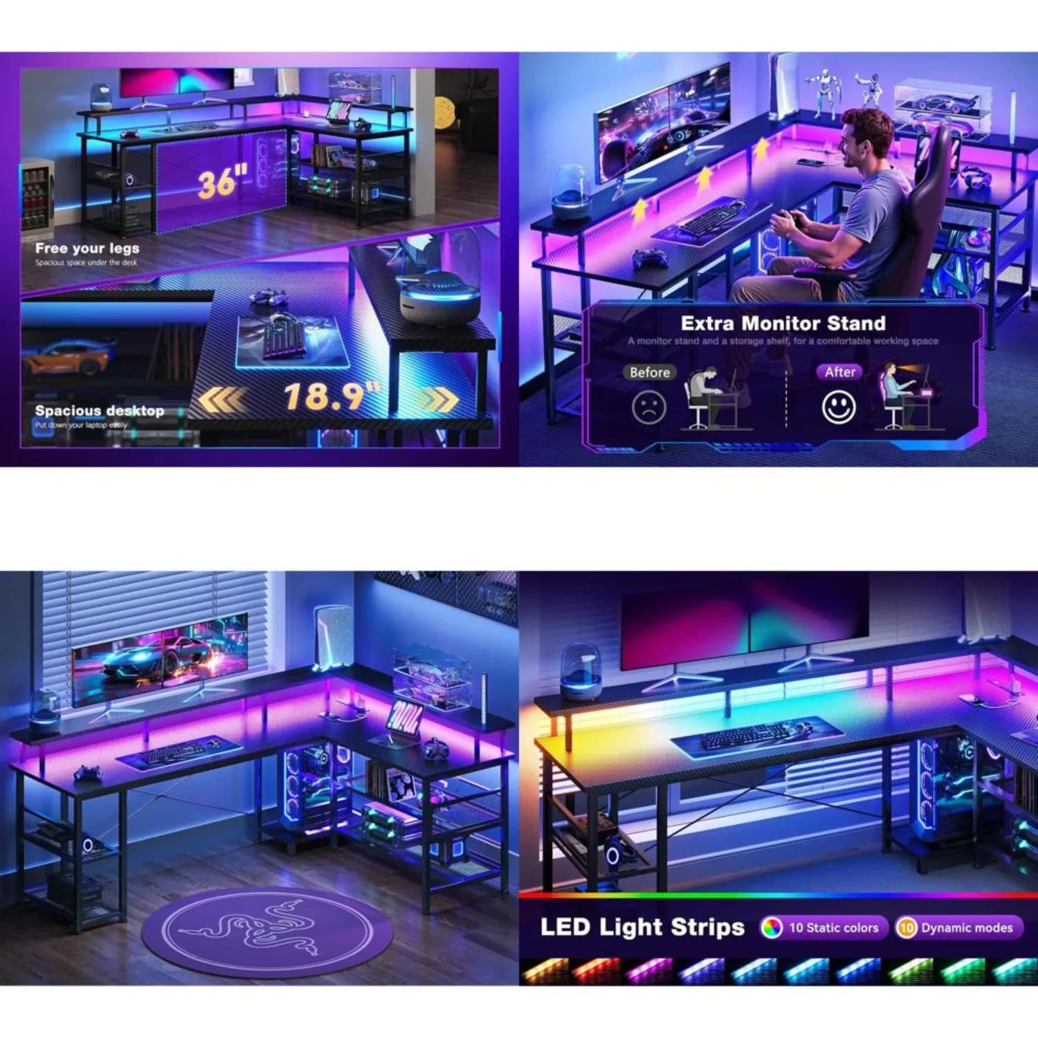 Scrivania da Gaming a L in Fibra di Carbonio con Luci LED, Presa di Corrente, Ripiani Portaoggetti e Supporto per Monitor - Nera