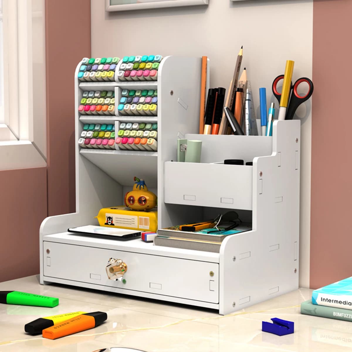 Organizer da scrivania con cassetto, 2 stili, scatola portaoggetti da scrivania bianca multi-scomparto per articoli di cancelleria, libri, penne, forniture per ufficio, H