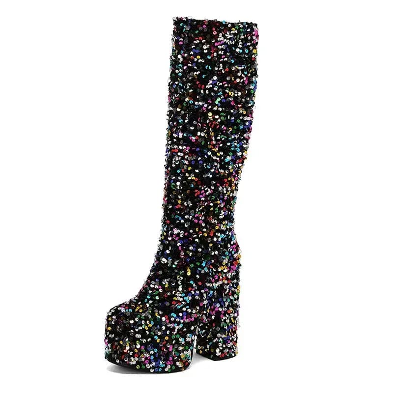 SIMLOVEYO Tacchi Grossi 14 Centimetri Piattaforma Hill Glitter Slip On 45 46 47 Club Bota Party Stivali Al Ginocchio Punta Rotonda Casual Fresco Femminile