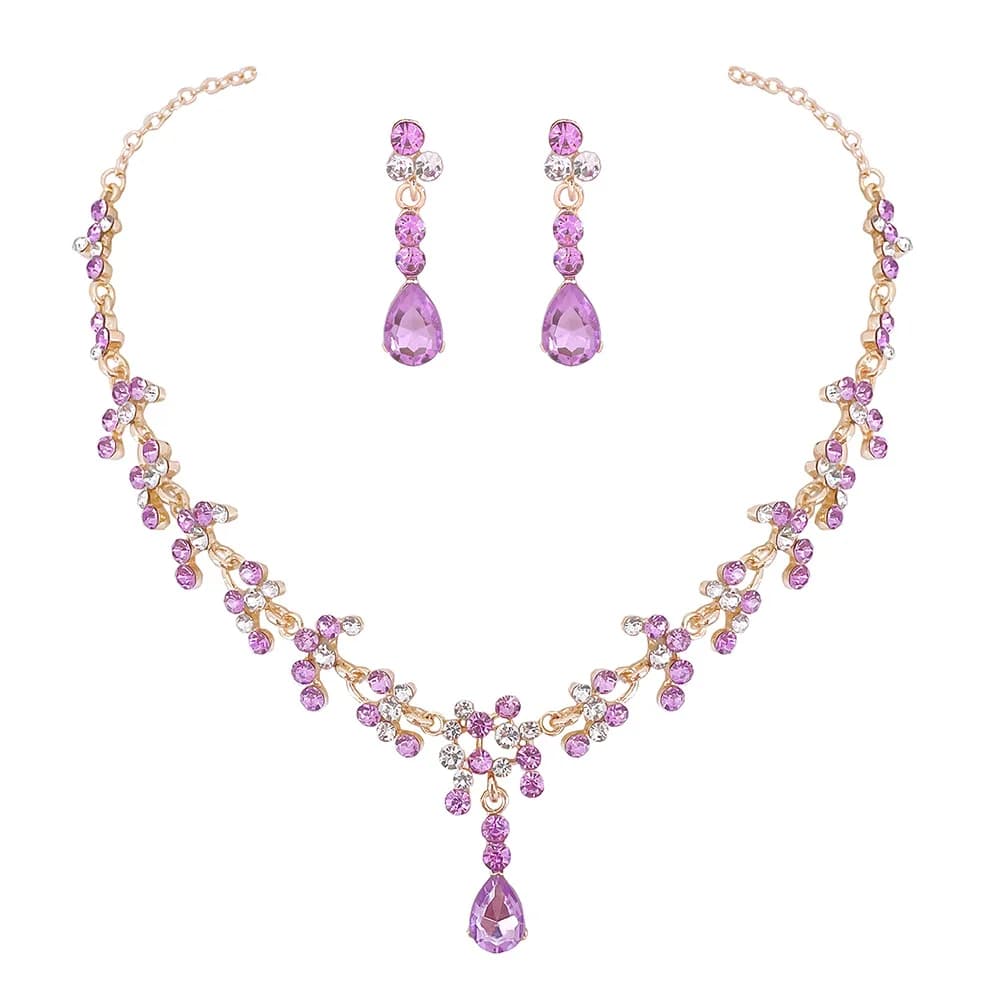 KMVEXO Purple Pink Rhinestone Crystal Bridal Jewelry Set Earrings Necklace Wedding Flower Drop Romantic Bridesmaid Jewelry Sets