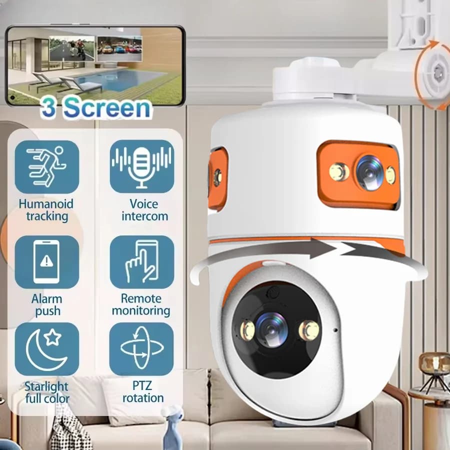 WiFi security camera from 15 MP 360 ° Webcam PTZ AI Human detection Baby monitor Cam10X Zoom Three screens Smart Home camera with three objectives