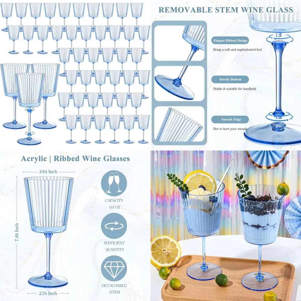 Set di bicchieri da vino in plastica a costine blu da 48 x 13,5 Oz, vetreria scanalata staccabile in stile vintage elegante per feste