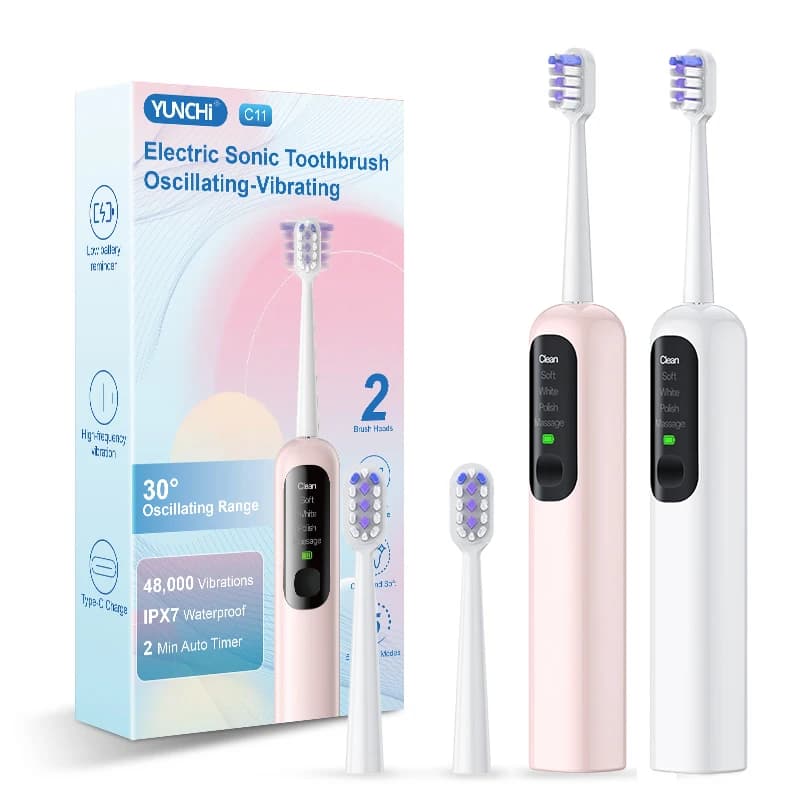 Yunchi Sonic Electric Toothbrush 2000Mah 100 Days Standby 5 Modes Ipx7 Waterproof 30 Degrees Swing Toothbrush with 2 Brush Heads