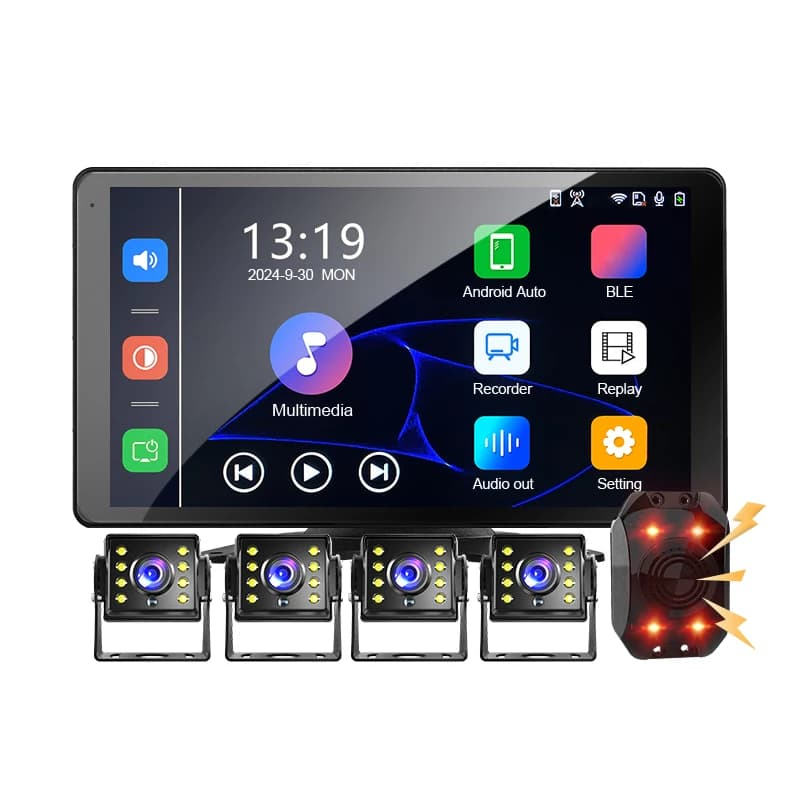 Sistema di monitoraggio per camion da 10,1 pollici a 4 canali con touchscreen, CarPlay wireless, allarme angolo cieco BSD, registratore DVR, lettore MP5 per camion e camper