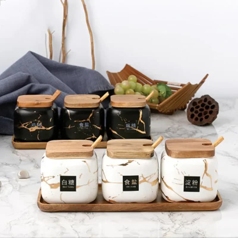 Matte marble pattern ceramic seasoning jar Set Wood Tray Oil and Shaker Salt Household Spice Box Kitchen Bottle