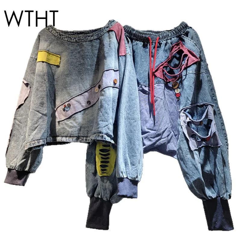 WTHT Fashion Women's Patchwork Color Hole O-neck Long Sleeve T-shirt Elastic Waist Loose Harem Jeans Female 2025 Autumn 1LS2308