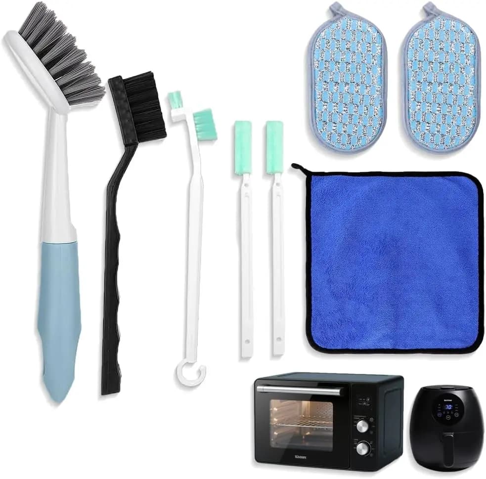 Set di 8 strumenti per la pulizia della friggitrice ad aria, spazzola a setole dure, detergente per fessure, spugna, panno