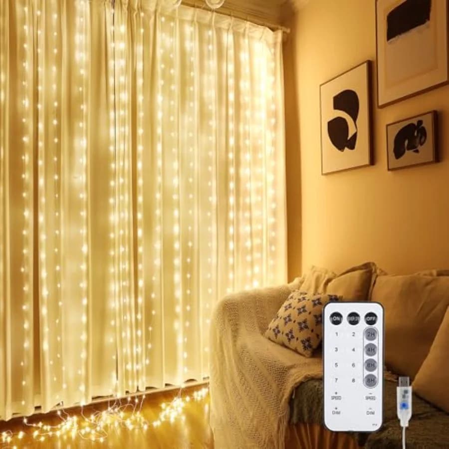 Fairy Curtain Lights for Bedroom, 9.8x9.8 Feet Fairy Lights Curtain with Remote, 300 LED String Light 8 Flashing Modes USB Plug