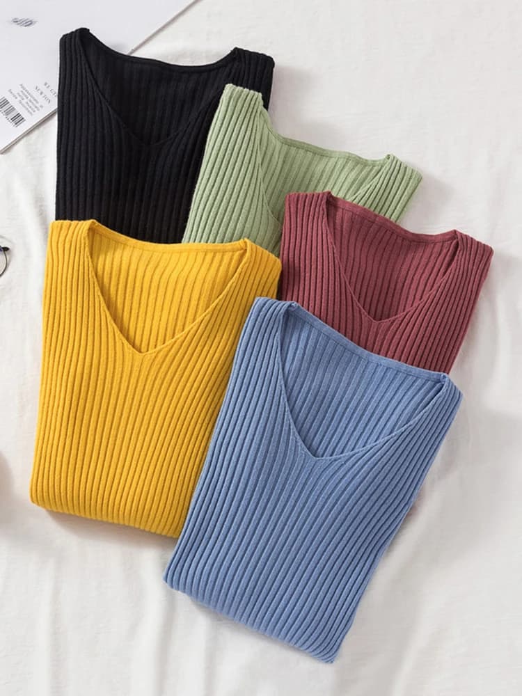 chic casual autunno inverno maglione basic pullover donna scollo a V maglia solida pullover sottile donna manica lunga caldo maglione kaki