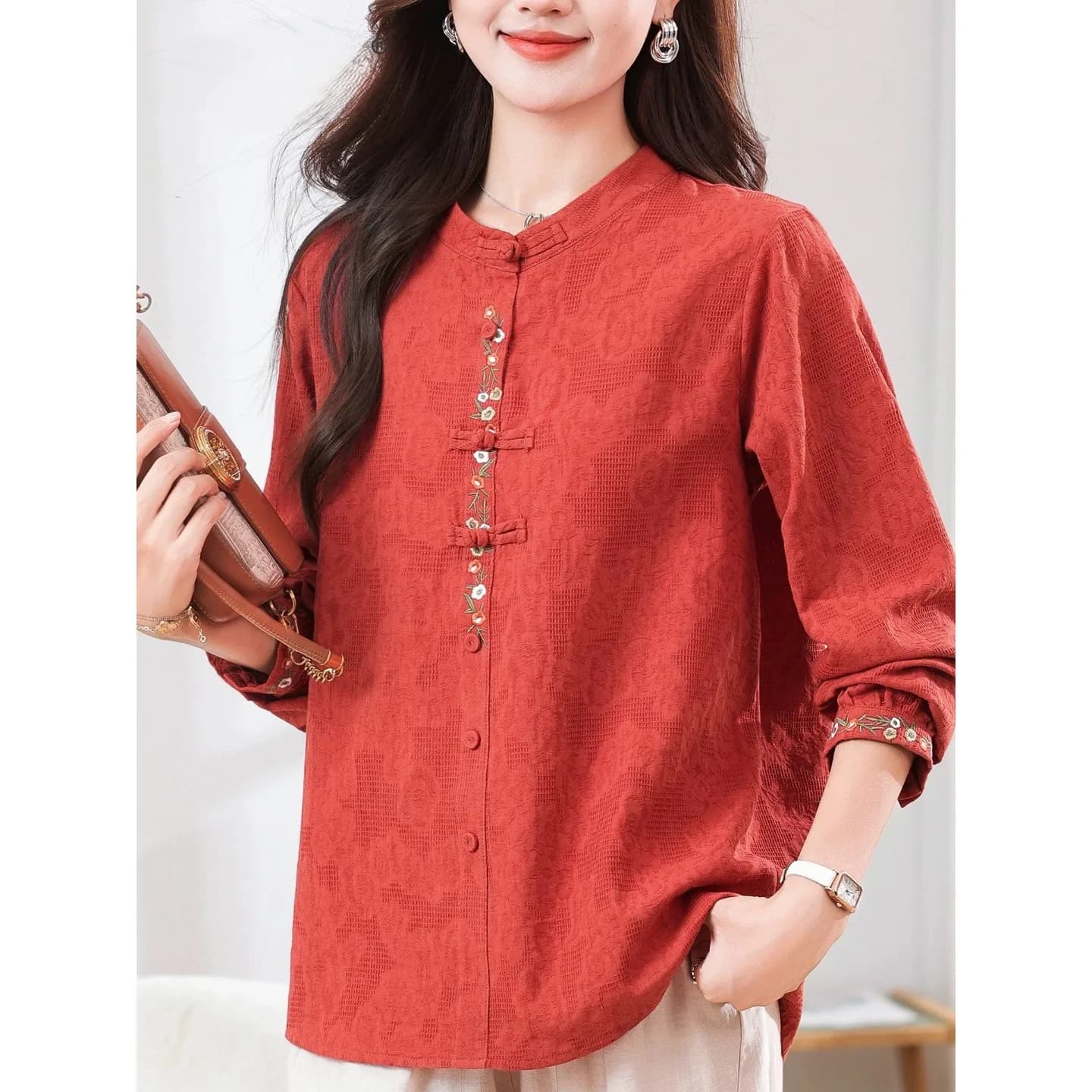 Elegante Camicia Giacca da Donna a Maniche Lunghe Taglie Forti, Nuovo Stile Primavera Autunno, Stile Nazionale Ricamato con Bottoni, Camicia Casual