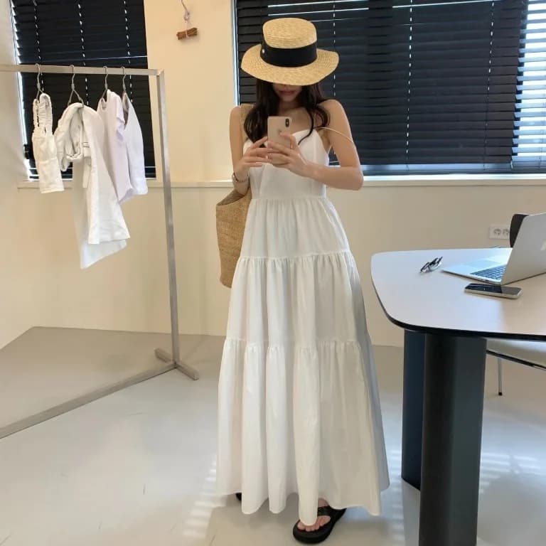 Nuovo Abito Lungo Estivo con Scollo a V e Spalline, Stile Casual, in Altri Materiali, 100% Gonna, Senza Maniche, per Uso Quotidiano