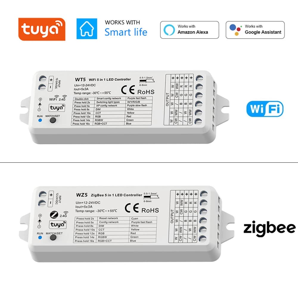 12V 24V 5in1 WiFi Zigbee Smart LED Strip Controller Dimmer CCT RGBW RGB + CCT RGBCW Tuya Smart Life APP Remoto f Alexa Google Home