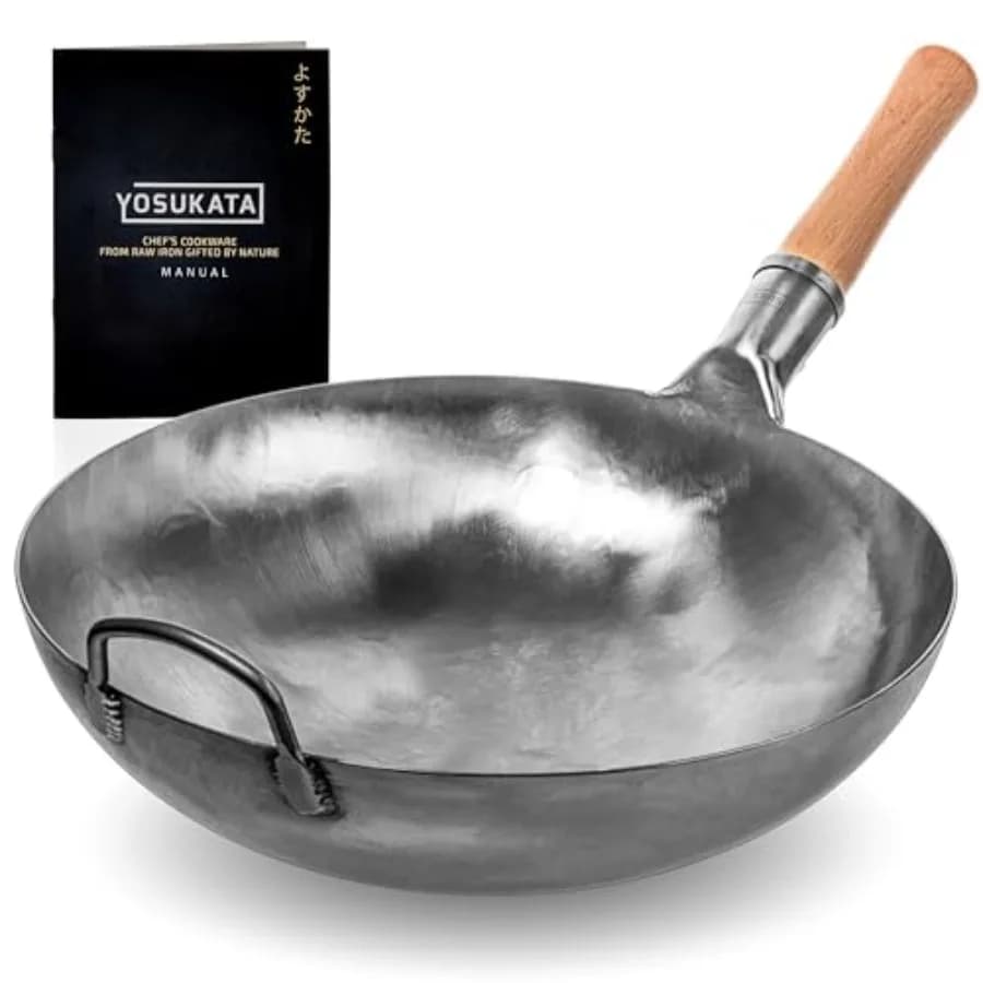 Wok e padelle per stir-fry in acciaio al carbonio con fondo rotondo, non trattati, per stir-fry, barbecue e campeggio, martellati a mano, tradizionali giapponesi