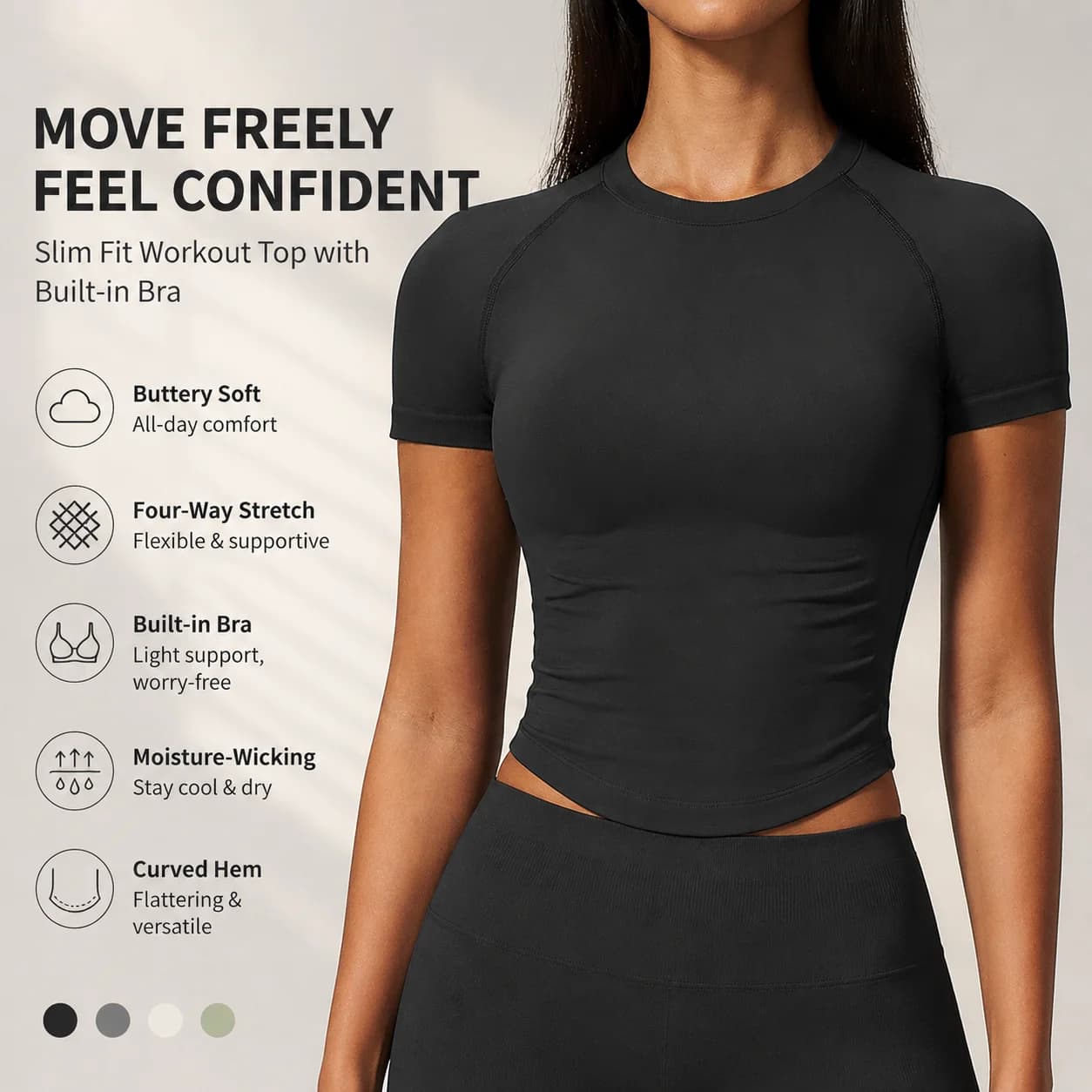 Women's Crew Neck Short Sleeve Slim Fit Workout Top with Built-in Bra Curved Hem Seamless Yoga Tee for Gym Running Pilates