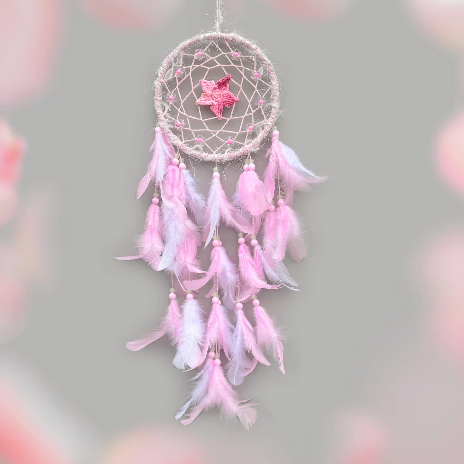 Bohemian Pink Feathers Dream Catcher with Star Handmade Wind Chimes Glow Beads Wall Hangings for Birthday Holiday Gifts