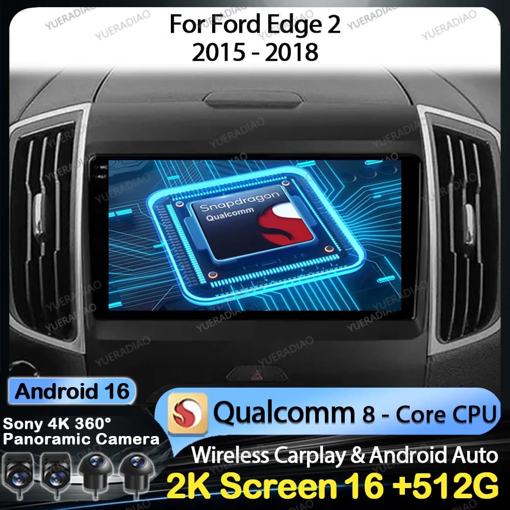 Android 16 Car Radio For Ford Edge 2 2015 2016 2017 2018 GPS NAVI 4G WIFI BT Head Unit QLED Multimedia Stereo Video Player 2DIN
