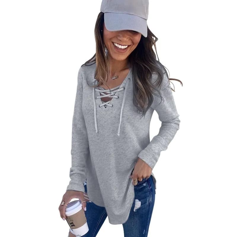 T-shirt con scollo a V, colore puro, con cintura, stile casual, maglione a maniche lunghe da donna, autunno inverno, nuova moda OM8735