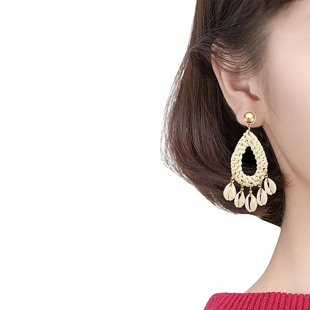 Shell Eardrop Rattan Knitting Retro Water Drop Lightweight Comfortable Fashion Earring for Women Daily Wear Vacation Outfit