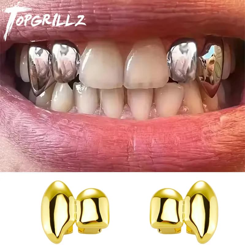 TOPGRILLZ Vampiro FAI DA TE Doppie Zanne Grillz Denti Lucidi Caps Rimovibili 2PCS Griglie Dentali Per Le Donne Degli Uomini Halloween Cosplay Regalo