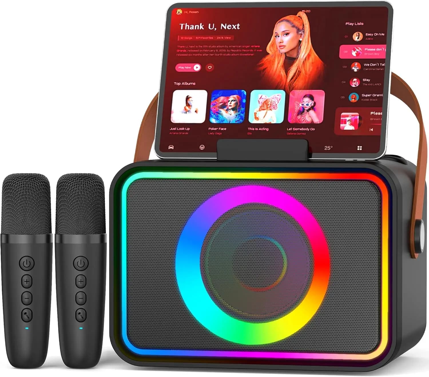 Macchina per Karaoke Portatile con Altoparlante Bluetooth, 2 Microfoni Wireless, Luci LED, Supporto USB/TF/AUX per Feste e Regali