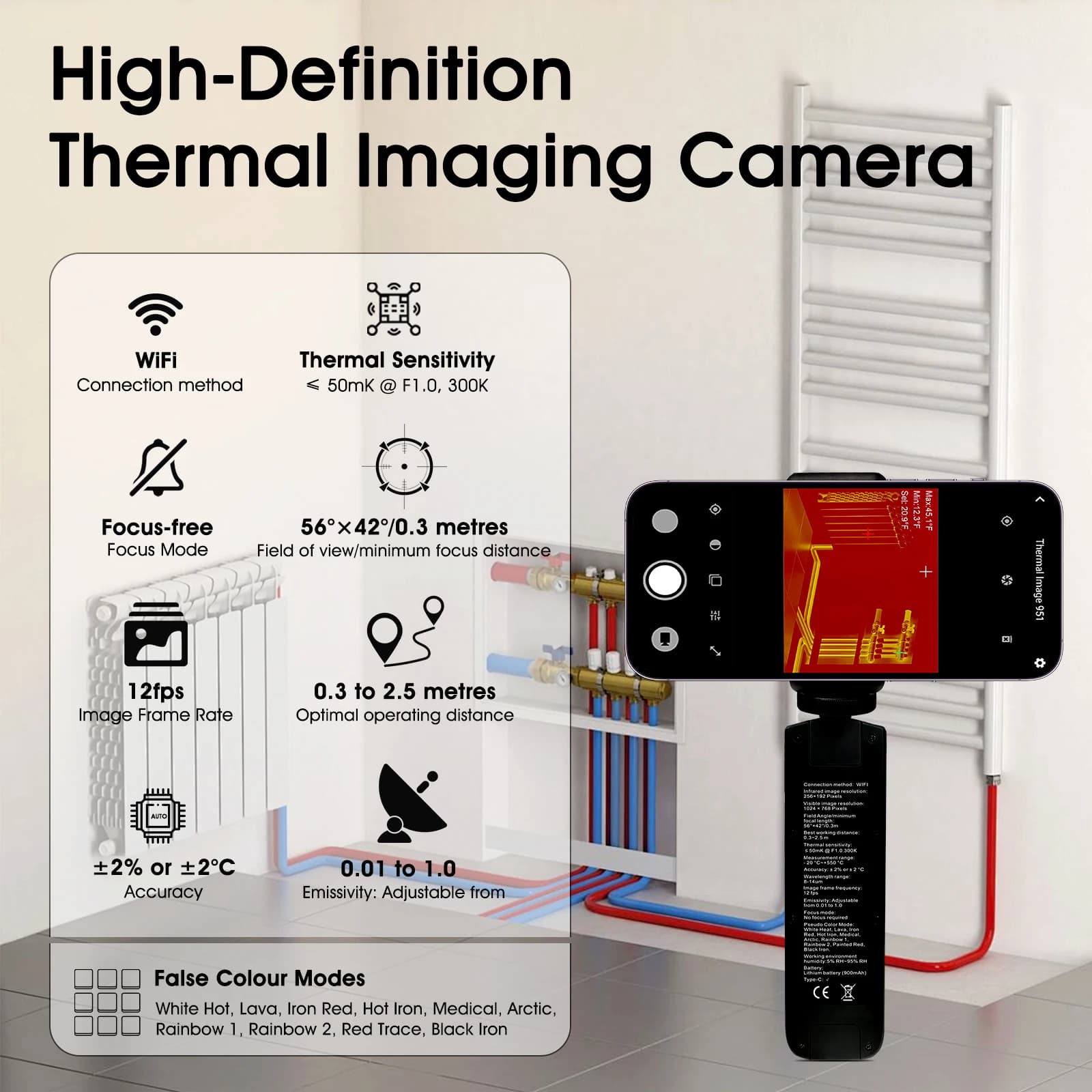 Termocamera Wireless per Smartphone 256x192 IR -20~550°C ℃ Hotspot WiFi per iOS Android con Imaging Termico