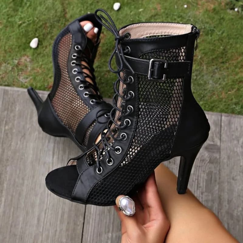 Women Sexy High Heels Mesh Sandal Peep Toe Stiletto Lace Up Ankle Strap Party Nightclub Dance Shoes Breathable Black Footwear
