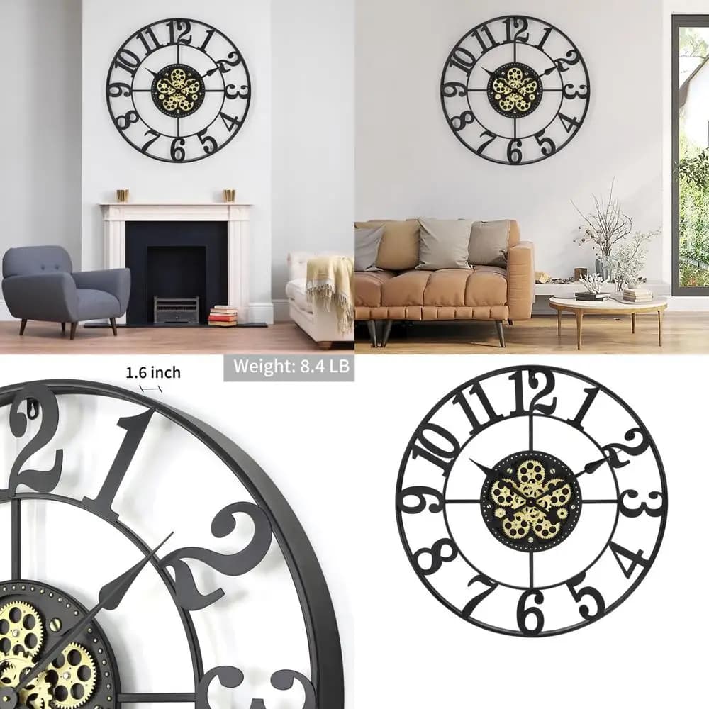 Oversize 29 wall clock in industrial style with mobile gears for living room, metal analog watch inspired by Steampunk, battery- P