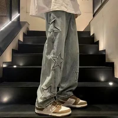 Black Loose Straight Leg Men's Jeans Summer Autumn Winter Vintage Hong Kong Style High Street Trend Five-Pointed Star Pattern