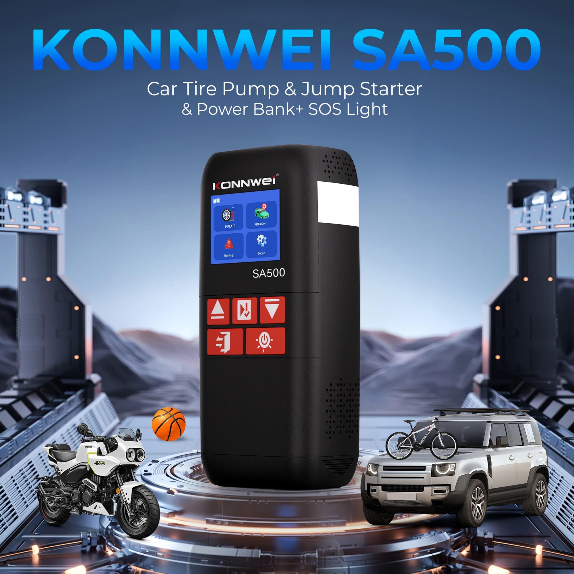 Gonfiatore Pneumatici 3 in 1 e Avviatore d'Emergenza 120psi Pompa d'Aria Konnwei SA500 Gonfiatore Pneumatici Auto & Avviatore d'Emergenza & Power Bank & Luce SOS