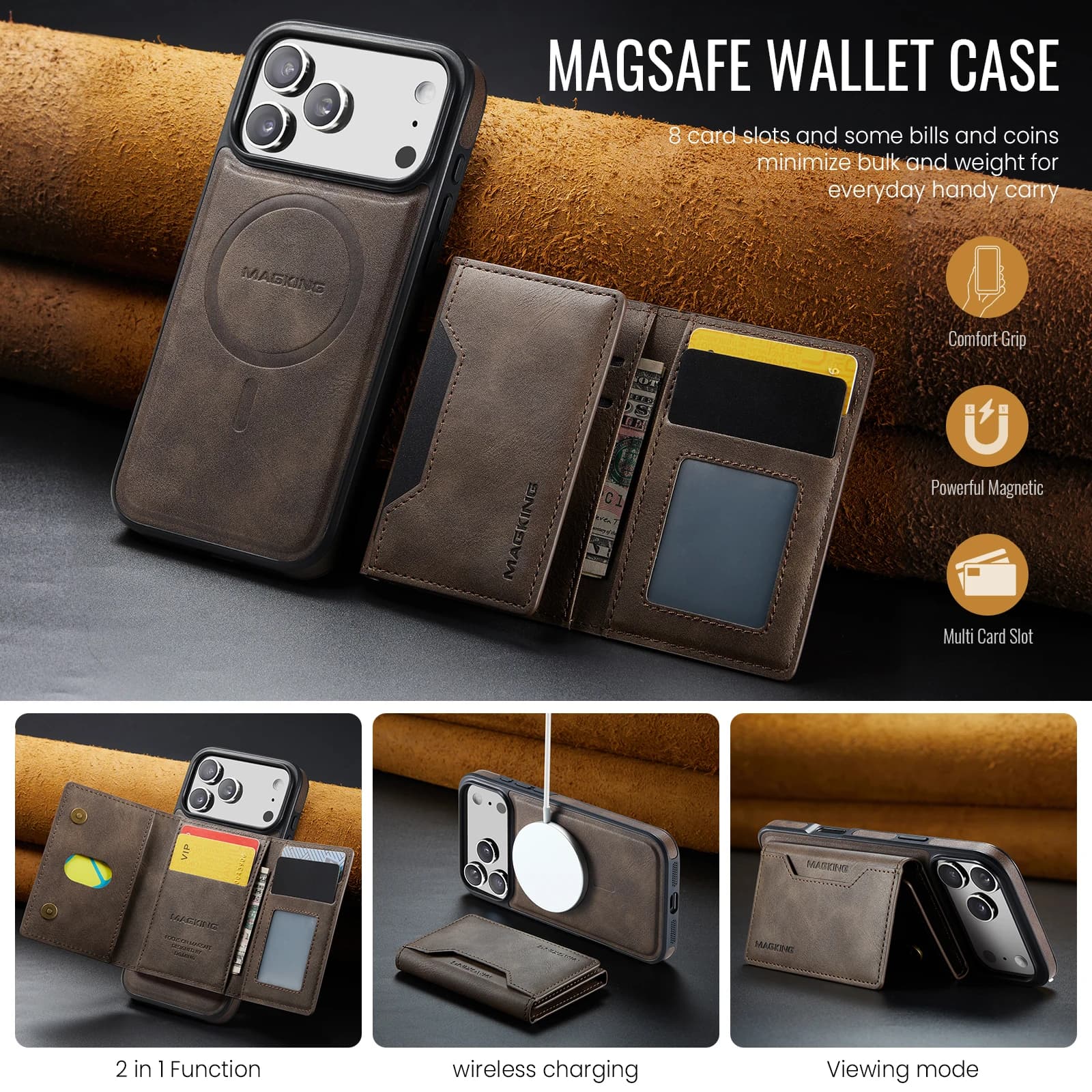 Custodia a Portafoglio Staccabile con Blocco RFID e Scomparti per Carte per iPhone 17 Pro Max 16 Plus 15 14 13 12, con Supporto e Ricarica Wireless