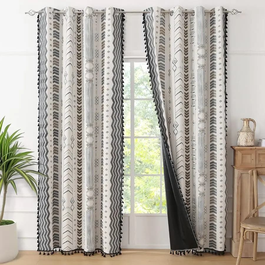 100 Dark Boho Curtains, 2 Panels, 84 Inches, Black and White, Western Southwest Style Aztec, Thermal, Dark, Fantasia, for L