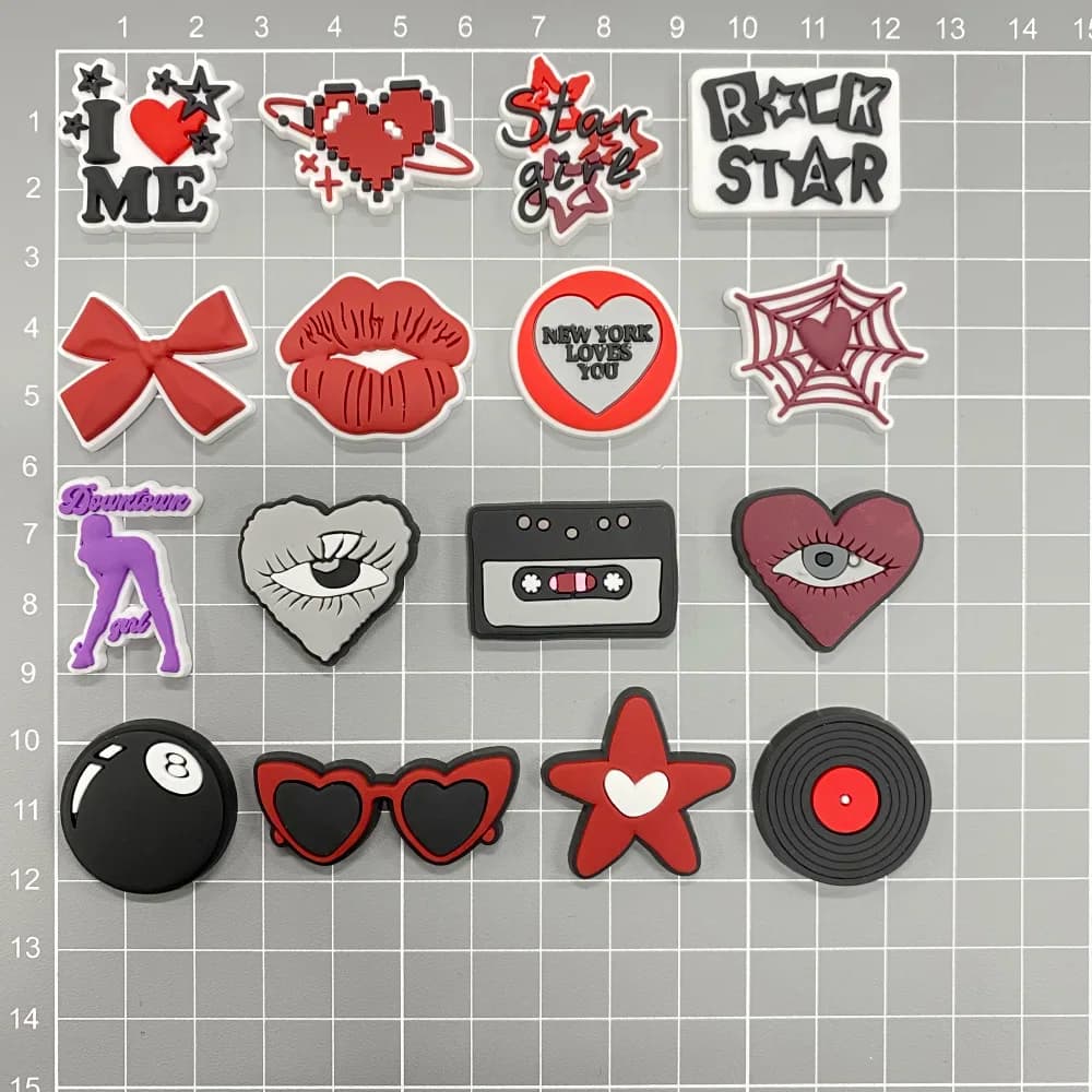 1-16PCS Rock Star Tape Lip Glasses Bow Heart PVC Sandal Shoe Charms Hole Slipper Decoration Shoe Buckle Accessories Adult Gift