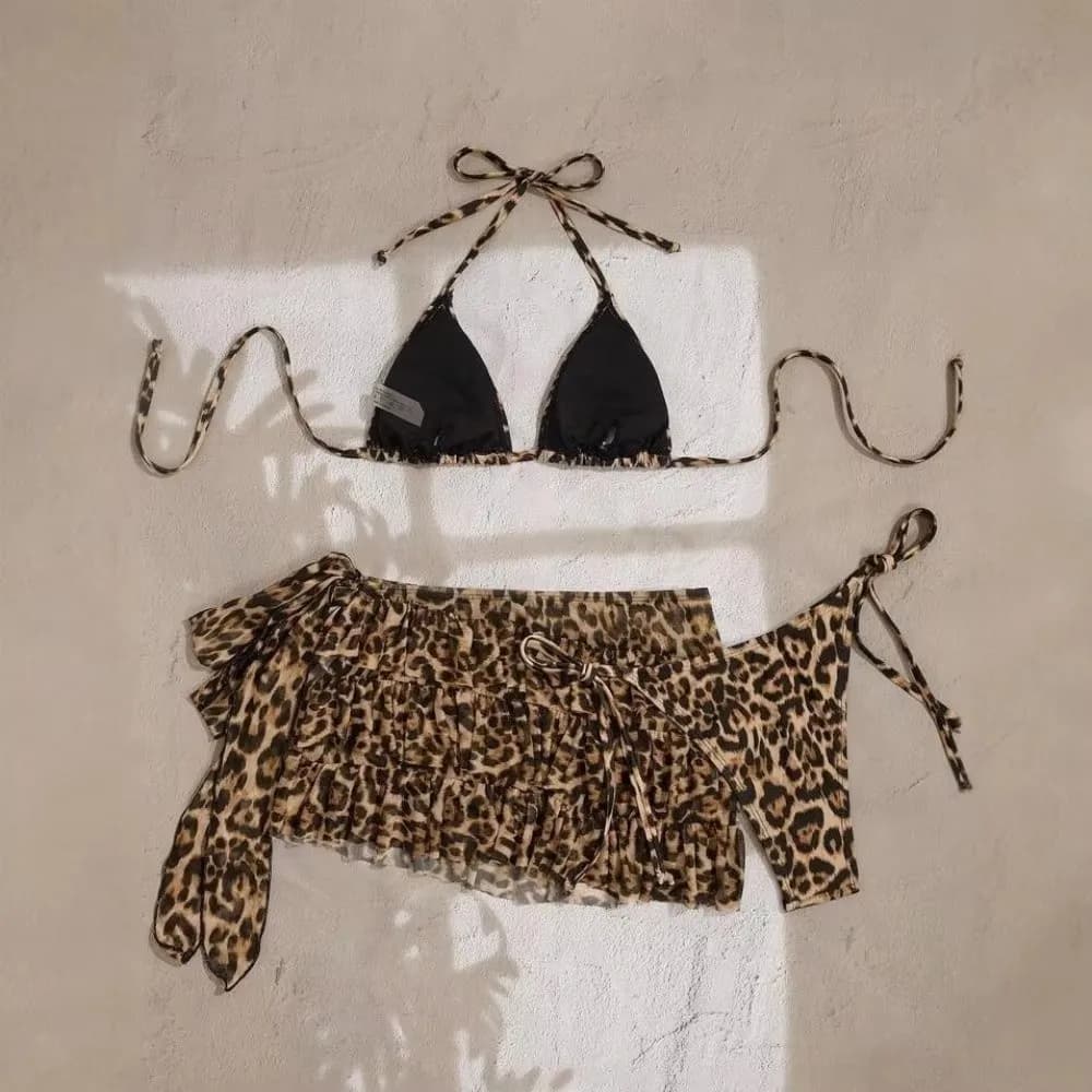 Nuovo Costume da Bagno Donna Stampa Leopardata Push-Up Set Bikini 3 Pezzi Imbottito Sexy per Resort Estivi