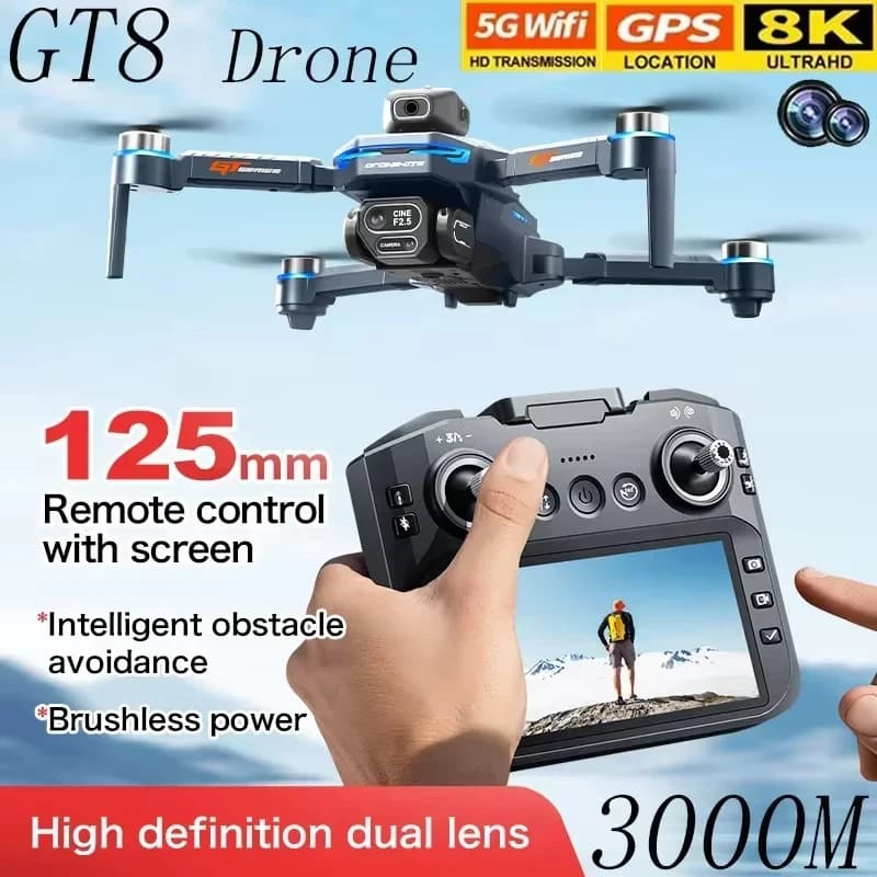4.3-inch Screen GT8 Drone Obstacle Avoidance Belt Brushless 2.4G Optical Flow 8K HD Dual Camera Foldable FPV Quadcopter Aircraft