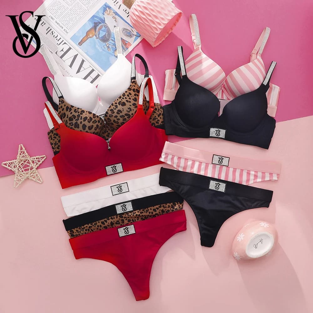 Set reggiseno e slip in pizzo Victoria's Secret da donna, push-up, senza ferretto, comodo, lingerie per tutti i giorni, senza cuciture.