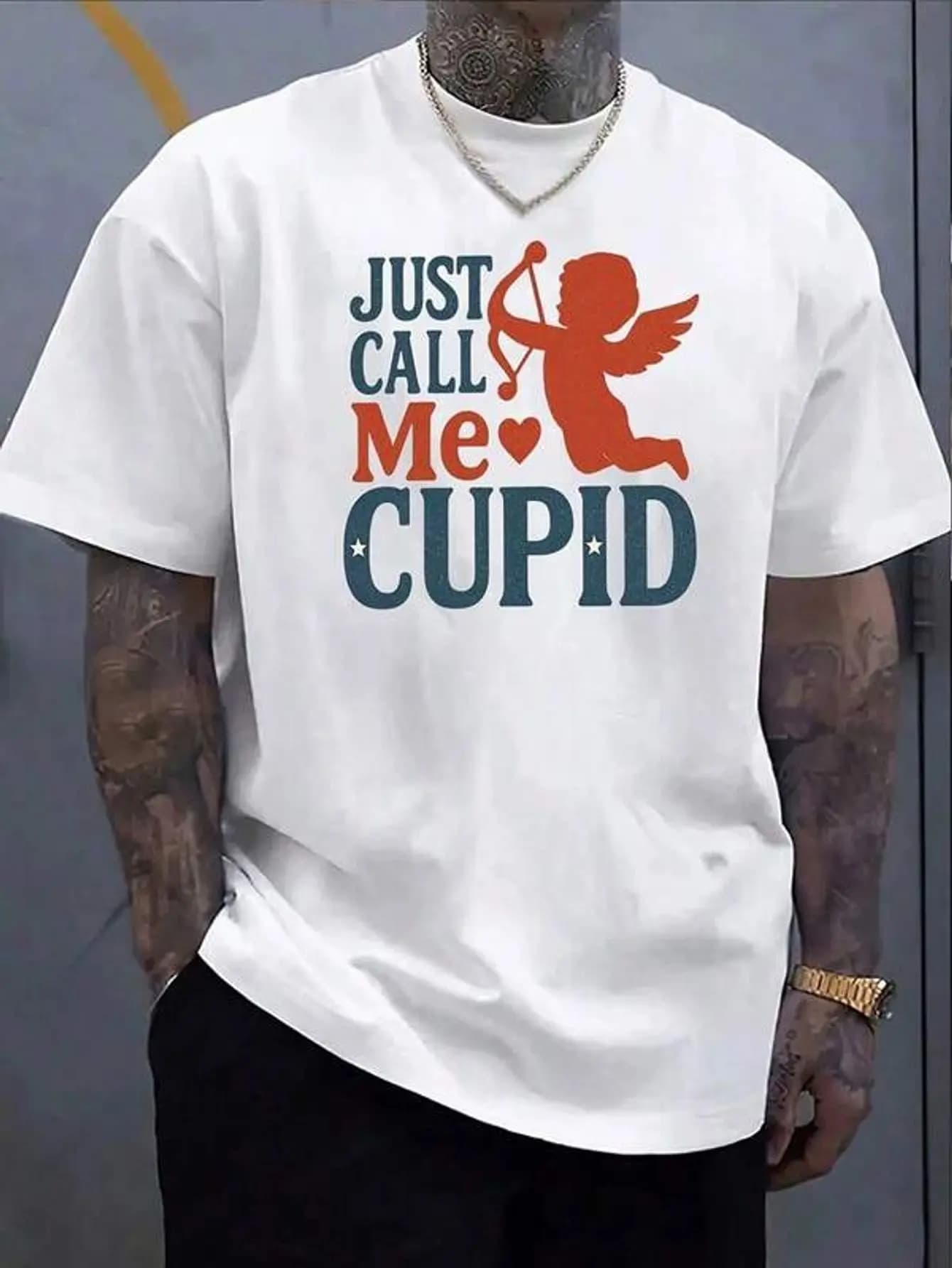 Just Call Me Cupid Men's Graphic Print Pure Cotton TShirt Retro Valentine's Day Love Arrow Tee,Breathable Soft Fabric,Casual Wear For Date Night Or Romantic Gift For Him