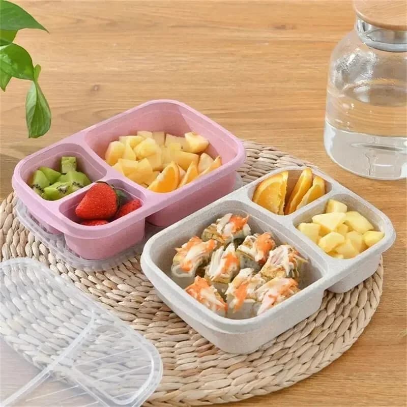 1-4pcs Bento Lunch Box Set 3 Compartment Food Storage Containers Wheat Straw Meal Prep Lunch Box Plastic Food Storage Containers
