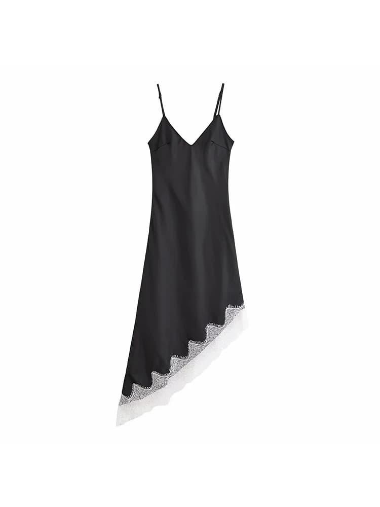 Abito da donna alla moda senza maniche, sexy, con schiena scoperta, in pizzo e raso, asimmetrico, per feste e vacanze